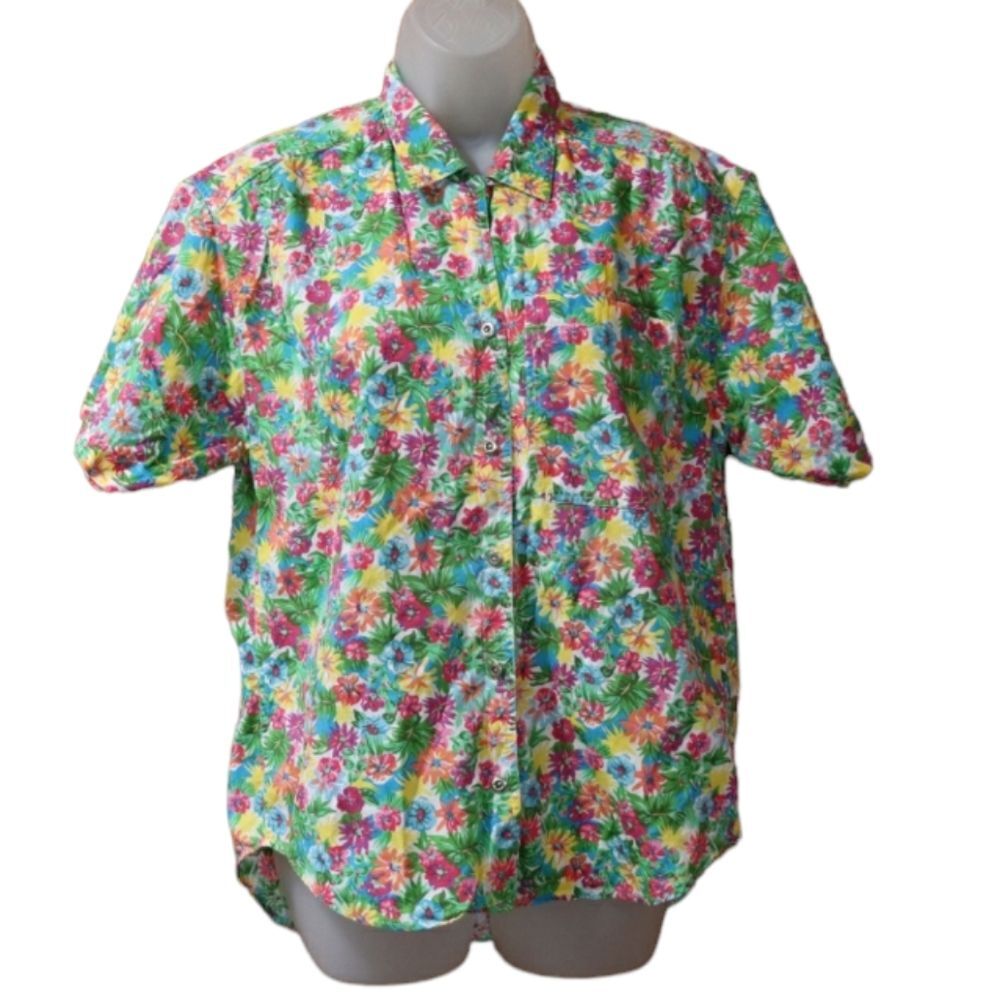 Vintage Liz Sport Colorful Floral Loud Bold Bright Button Up Shirt Small